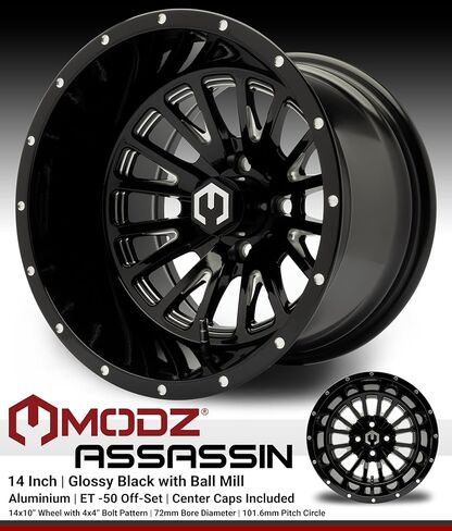 MODZ® 14x10" Assassin Black with Ball Mill Golf Cart Wheels and MODZ® Street Fox (23x10-14) Golf Cart Radial Tires Combo - Set of 4 in Saudi Arabia