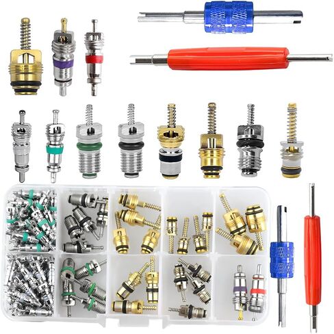 طقم الملحقات الأساسية لصمام تكييف الهواء للسيارة 102 قطعة من HZEL، R12 R134a جذع صمام إطار تبريد السيارة مع مزيل التثبيت، مجموعة متنوعة من أدوات إصلاح بكرة صمام السيارة in Saudi Arabia