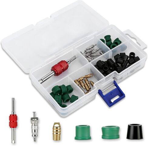 طقم إصلاح مكيف الهواء 71 قطعة، مجموعة حشية خرطوم التدفئة والتهوية وتكييف الهواء ومجموعة أختام خرطوم التدفئة والتهوية وتكييف الهواء، مع أداة إزالة الصمام الأساسية - 50 سدادة مطاطية، 10 صمامات، 10 قلوب صمامات لنظام التيار المتردد للسيارات in Kuwait