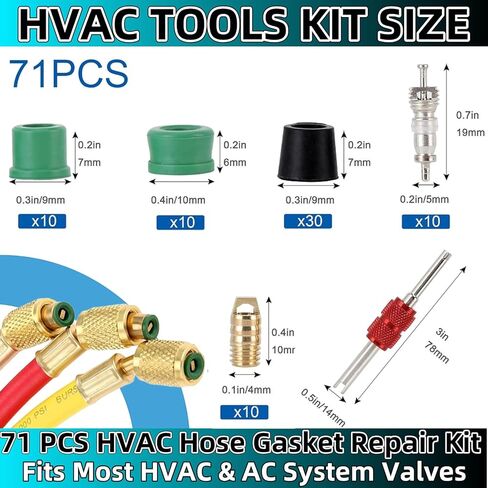 طقم إصلاح مكيف الهواء 71 قطعة، مجموعة حشية خرطوم التدفئة والتهوية وتكييف الهواء ومجموعة أختام خرطوم التدفئة والتهوية وتكييف الهواء، مع أداة إزالة الصمام الأساسية - 50 سدادة مطاطية، 10 صمامات، 10 قلوب صمامات لنظام التيار المتردد للسيارات in Kuwait