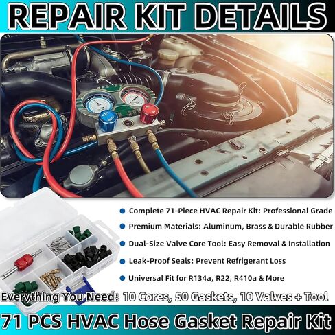 طقم إصلاح مكيف الهواء 71 قطعة، مجموعة حشية خرطوم التدفئة والتهوية وتكييف الهواء ومجموعة أختام خرطوم التدفئة والتهوية وتكييف الهواء، مع أداة إزالة الصمام الأساسية - 50 سدادة مطاطية، 10 صمامات، 10 قلوب صمامات لنظام التيار المتردد للسيارات in Kuwait