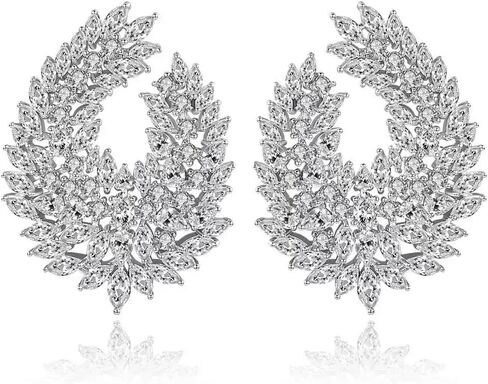 Luxury Cubic Zirconia Dangle Drop Big Earrings, Silver Plated, Clear Crystal Leaf Design, Wedding Bridal Party Statement Jewelry in Saudi Arabia