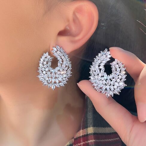 Luxury Cubic Zirconia Dangle Drop Big Earrings, Silver Plated, Clear Crystal Leaf Design, Wedding Bridal Party Statement Jewelry in Saudi Arabia