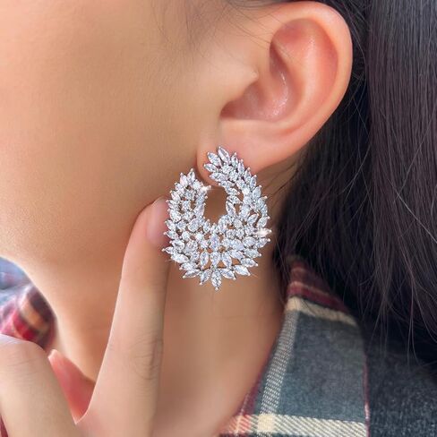 Luxury Cubic Zirconia Dangle Drop Big Earrings, Silver Plated, Clear Crystal Leaf Design, Wedding Bridal Party Statement Jewelry in Saudi Arabia