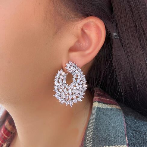 Luxury Cubic Zirconia Dangle Drop Big Earrings, Silver Plated, Clear Crystal Leaf Design, Wedding Bridal Party Statement Jewelry in Saudi Arabia