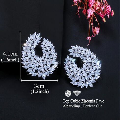 Luxury Cubic Zirconia Dangle Drop Big Earrings, Silver Plated, Clear Crystal Leaf Design, Wedding Bridal Party Statement Jewelry in Saudi Arabia