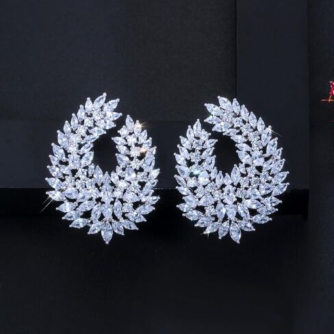 Luxury Cubic Zirconia Dangle Drop Big Earrings, Silver Plated, Clear Crystal Leaf Design, Wedding Bridal Party Statement Jewelry in Saudi Arabia