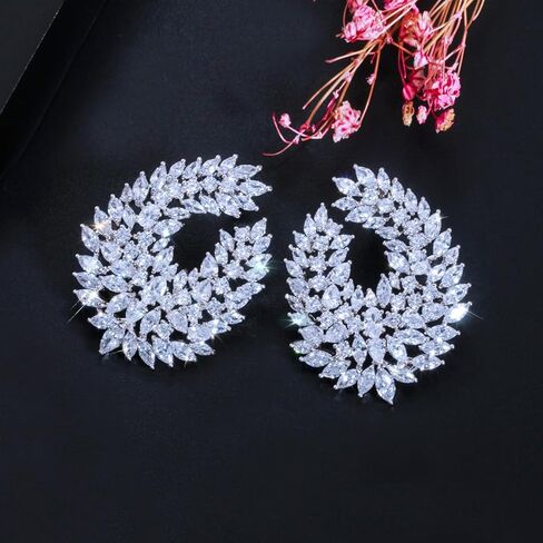 Luxury Cubic Zirconia Dangle Drop Big Earrings, Silver Plated, Clear Crystal Leaf Design, Wedding Bridal Party Statement Jewelry in Saudi Arabia