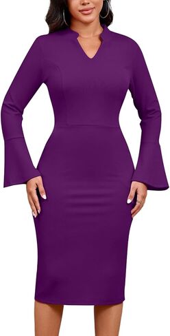 DinyIn Church Dress for Women Elegant Bell Sleeve Bodycon V Neck Business Wear to Work Classy Mid Pencil Dresses with Pocket in Saudi Arabia