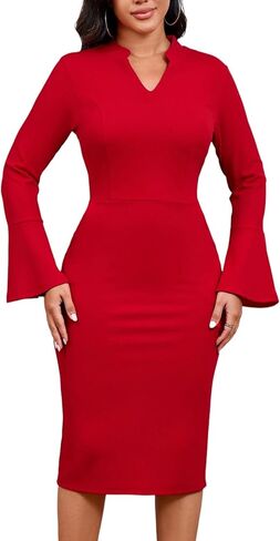 DinyIn Church Dress for Women Elegant Bell Sleeve Bodycon V Neck Business Wear to Work Classy Mid Pencil Dresses with Pocket in Saudi Arabia