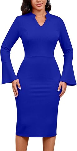 DinyIn Church Dress for Women Elegant Bell Sleeve Bodycon V Neck Business Wear to Work Classy Mid Pencil Dresses with Pocket in Saudi Arabia