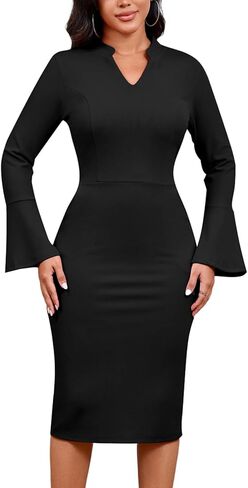 DinyIn Church Dress for Women Elegant Bell Sleeve Bodycon V Neck Business Wear to Work Classy Mid Pencil Dresses with Pocket in Saudi Arabia