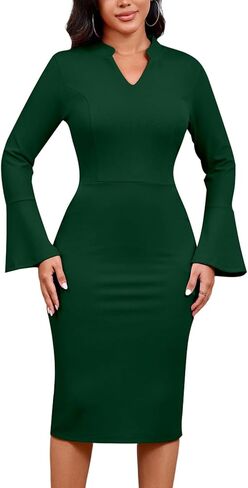 DinyIn Church Dress for Women Elegant Bell Sleeve Bodycon V Neck Business Wear to Work Classy Mid Pencil Dresses with Pocket in Saudi Arabia