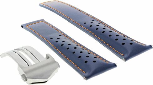 Ewatchparts Leather Watch Strap 20mm Compatible With Tag Heuer Carrera CV2010 Calibre Blue With Orange Stitching Perforated in Saudi Arabia