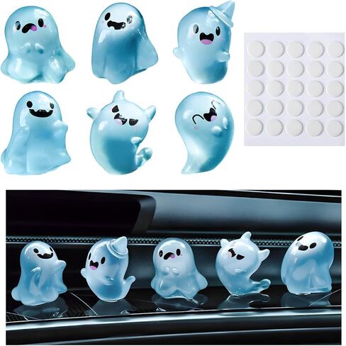 7PCS Luminous Ghost Car Decor, Cute Resin Halloween Mini Ghost Figure Auto Dashboard Ornament with Glue Dots, Funny Ghost Rear View Mirror Adornments for Car Home Office Desk in Saudi Arabia