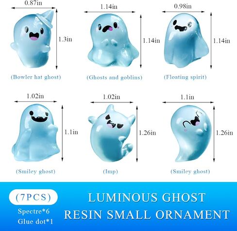 7PCS Luminous Ghost Car Decor, Cute Resin Halloween Mini Ghost Figure Auto Dashboard Ornament with Glue Dots, Funny Ghost Rear View Mirror Adornments for Car Home Office Desk in Saudi Arabia