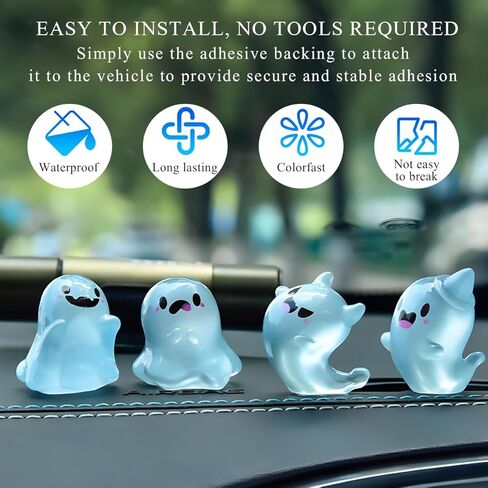 7PCS Luminous Ghost Car Decor, Cute Resin Halloween Mini Ghost Figure Auto Dashboard Ornament with Glue Dots, Funny Ghost Rear View Mirror Adornments for Car Home Office Desk in Saudi Arabia