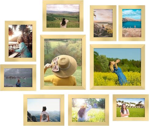 iRahmen Collage Picture Frames Set of 10, Wall Decor for Mounting or Tabletop Display, Family Photo Gallery Frame Set - Multi Sizes Including Two 8x10, Four 5x7, Four 4x6, HD Glass, Rustic Wood in Kuwait