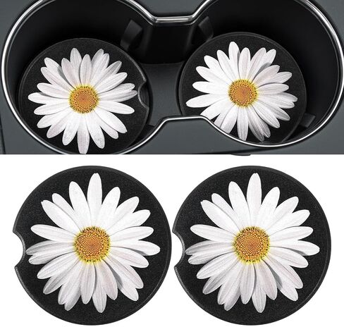 4Pcs Daisy Car Coasters for Cup Holders, Universal Non-Slip Absorbent Cup Holders, Cute Ceramic Drink Cup Car Holder Coasters, Car Interior Accessories for Women Men in Saudi Arabia
