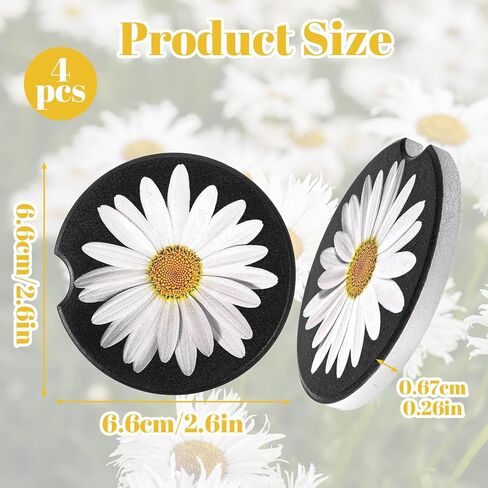 4Pcs Daisy Car Coasters for Cup Holders, Universal Non-Slip Absorbent Cup Holders, Cute Ceramic Drink Cup Car Holder Coasters, Car Interior Accessories for Women Men in Saudi Arabia
