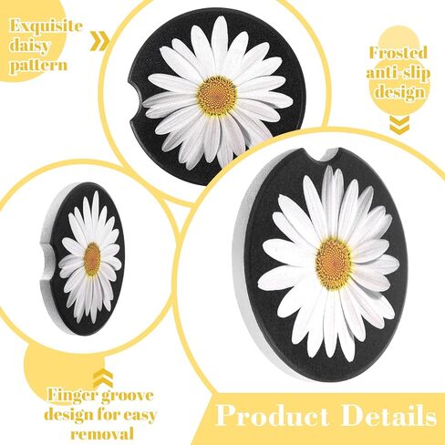4Pcs Daisy Car Coasters for Cup Holders, Universal Non-Slip Absorbent Cup Holders, Cute Ceramic Drink Cup Car Holder Coasters, Car Interior Accessories for Women Men in Saudi Arabia