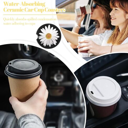 4Pcs Daisy Car Coasters for Cup Holders, Universal Non-Slip Absorbent Cup Holders, Cute Ceramic Drink Cup Car Holder Coasters, Car Interior Accessories for Women Men in Saudi Arabia