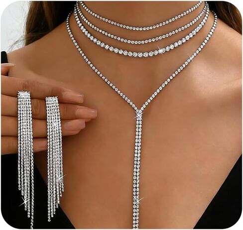 Sparkly Rhinestone Jewelry Set for Women Layered Statement Choker Necklaces Long Tassel Dangle Drop Earrings Trendy Prom Jewelry Accessories Gifts in Saudi Arabia