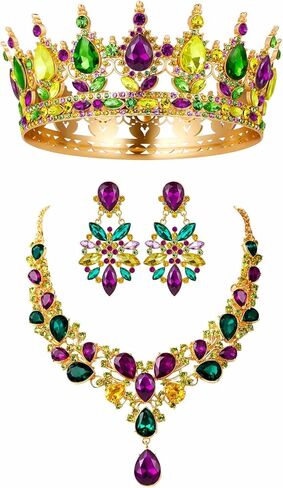 Henoyso 3 Pcs Mardi Gras Necklace Crown Earrings Jewelry Set Mardi Gras Gift for Women Rhinestone Crystal Beads Purple Green Gold Necklace Crown Earrings for Carnival Holiday Festive Party in Saudi Arabia