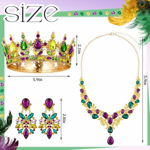Henoyso 3 Pcs Mardi Gras Necklace Crown Earrings Jewelry Set Mardi Gras Gift for Women Rhinestone Crystal Beads Purple Green Gold Necklace Crown Earrings for Carnival Holiday Festive Party in Saudi Arabia