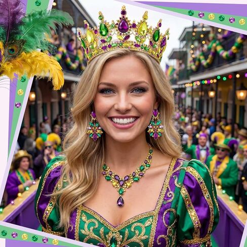 Henoyso 3 Pcs Mardi Gras Necklace Crown Earrings Jewelry Set Mardi Gras Gift for Women Rhinestone Crystal Beads Purple Green Gold Necklace Crown Earrings for Carnival Holiday Festive Party in Saudi Arabia