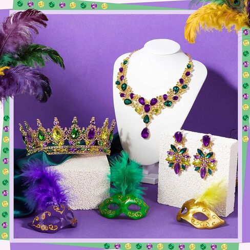 Henoyso 3 Pcs Mardi Gras Necklace Crown Earrings Jewelry Set Mardi Gras Gift for Women Rhinestone Crystal Beads Purple Green Gold Necklace Crown Earrings for Carnival Holiday Festive Party in Saudi Arabia