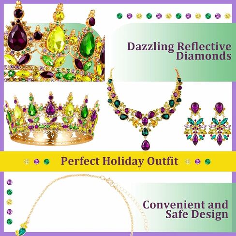 Henoyso 3 Pcs Mardi Gras Necklace Crown Earrings Jewelry Set Mardi Gras Gift for Women Rhinestone Crystal Beads Purple Green Gold Necklace Crown Earrings for Carnival Holiday Festive Party in Saudi Arabia