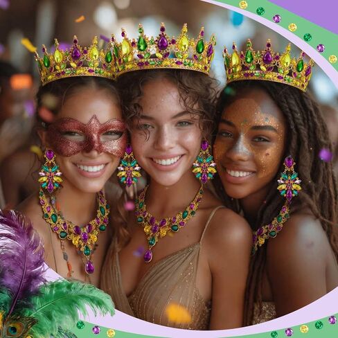 Henoyso 3 Pcs Mardi Gras Necklace Crown Earrings Jewelry Set Mardi Gras Gift for Women Rhinestone Crystal Beads Purple Green Gold Necklace Crown Earrings for Carnival Holiday Festive Party in Saudi Arabia