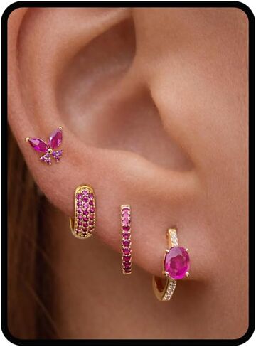Earring Stacks Set For Women, 6Pcs Single Earrings for One Ear 14K Gold Plated CZ Colorful Gemstone Multiple Piercing Huggie Hoop Ear Cuff Nickel Free Hypoallergenic Jewelry Gift Set in Saudi Arabia
