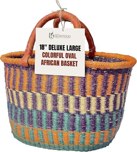 Africa Heartwood Project - Deluxe Large Oval Colorful African Basket with Leather Handle - Classic Heartwood Bolga Market Basket from Women in Bolgatanga, Ghana - 18" Oval Flat-packed in Kuwait