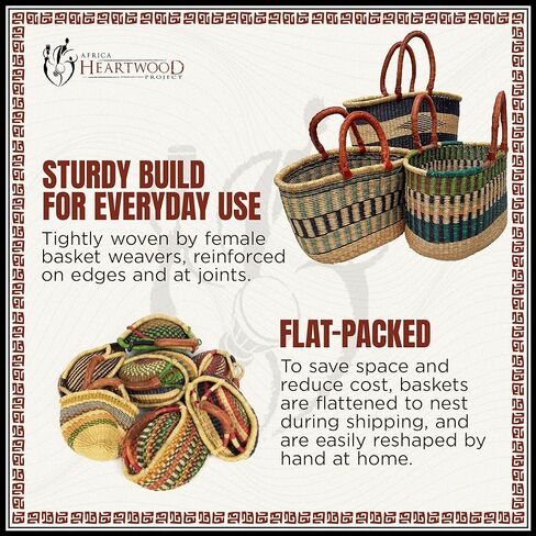 Africa Heartwood Project - Deluxe Large Oval Colorful African Basket with Leather Handle - Classic Heartwood Bolga Market Basket from Women in Bolgatanga, Ghana - 18" Oval Flat-packed in Kuwait