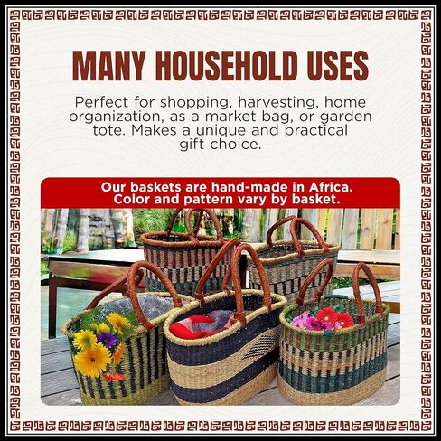 Africa Heartwood Project - Deluxe Large Oval Colorful African Basket with Leather Handle - Classic Heartwood Bolga Market Basket from Women in Bolgatanga, Ghana - 18" Oval Flat-packed in Kuwait