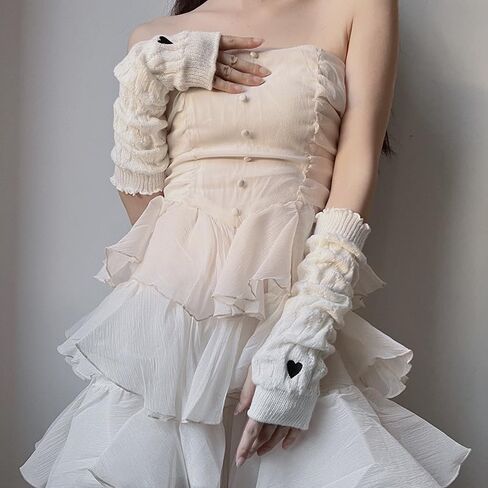 Coquette Y2K Arm Warmers for Women Cute Black Heart Patterned Sleevelet Cottagecore Knitted Oversleeve Gyaru Accessories in Saudi Arabia