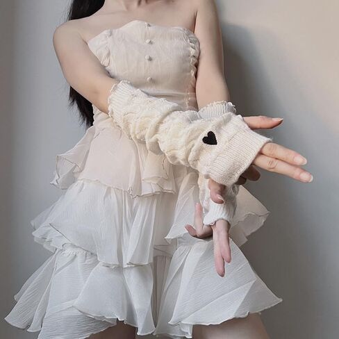 Coquette Y2K Arm Warmers for Women Cute Black Heart Patterned Sleevelet Cottagecore Knitted Oversleeve Gyaru Accessories in Saudi Arabia