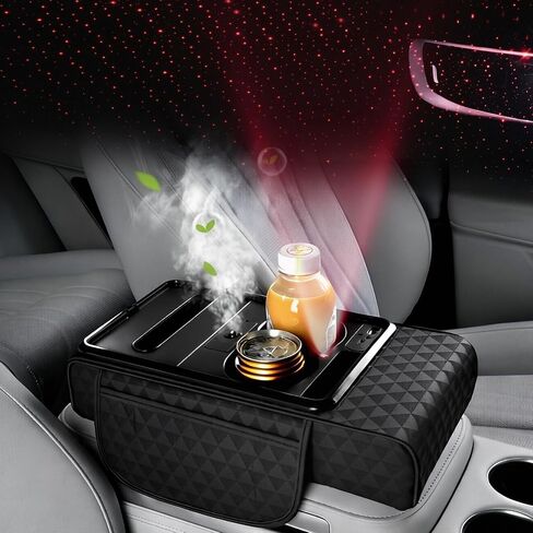 2026 8-in-1 Multifunctional Pu Leather Car Armrest Box Mat, Car Armrest Storage Box with Type-C Charging Ports & Starry Sky Projection, Car Armrest Cover with Aromatherapy (Black) in Saudi Arabia