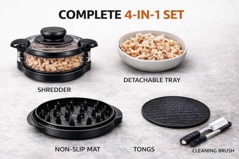Chicken Shredder Tool – Manual Meat Shredder with Handle, Twist Chicken Breast Shredder Set, BPA-Free & Dishwasher Safe, Includes Tray, Tongs and Cleaning Brush in Saudi Arabia