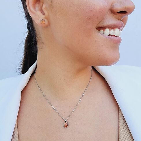 Natural gemstone 8mm round pendant with white gold over 925 sterling silver bezel cabochon plate and box chain, real genuine dainty birthstone gift for her, uniquelan jewelry in Saudi Arabia