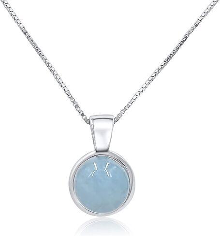 Natural gemstone 8mm round pendant with white gold over 925 sterling silver bezel cabochon plate and box chain, real genuine dainty birthstone gift for her, uniquelan jewelry in Saudi Arabia