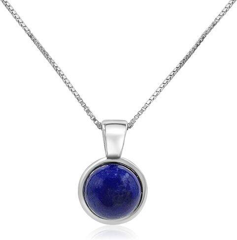 Natural gemstone 8mm round pendant with white gold over 925 sterling silver bezel cabochon plate and box chain, real genuine dainty birthstone gift for her, uniquelan jewelry in Saudi Arabia
