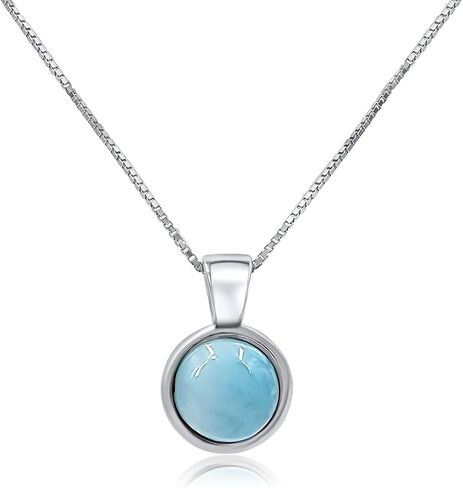 Natural gemstone 8mm round pendant with white gold over 925 sterling silver bezel cabochon plate and box chain, real genuine dainty birthstone gift for her, uniquelan jewelry in Saudi Arabia