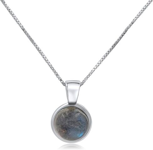 Natural gemstone 8mm round pendant with white gold over 925 sterling silver bezel cabochon plate and box chain, real genuine dainty birthstone gift for her, uniquelan jewelry in Saudi Arabia