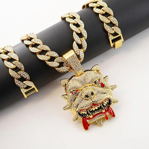 الرجال الهيب هوب حجر الراين الكلب رئيس قلادة قلادة روك مغني الراب المجوهرات، القوطية الشرير الصخرة مثلج خارج الذهب البلدغ رئيس الكوبي سلسلة الارتباط للرجال in Kuwait