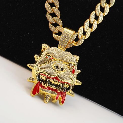 الرجال الهيب هوب حجر الراين الكلب رئيس قلادة قلادة روك مغني الراب المجوهرات، القوطية الشرير الصخرة مثلج خارج الذهب البلدغ رئيس الكوبي سلسلة الارتباط للرجال in Kuwait