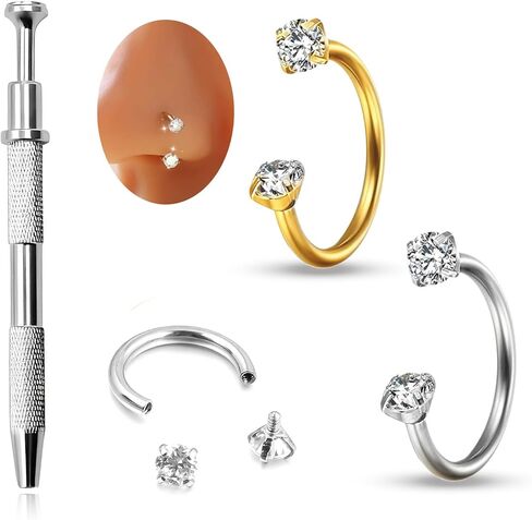 HUASAI Horseshoe Nose Ring for Women 20G Titanium Steel Double Gem Nose Rings Gold Cartilage Helix Earring Labret Lip Piercing Jewelry Small Hoop in Saudi Arabia