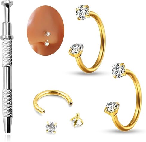 HUASAI Horseshoe Nose Ring for Women 20G Titanium Steel Double Gem Nose Rings Gold Cartilage Helix Earring Labret Lip Piercing Jewelry Small Hoop in Saudi Arabia